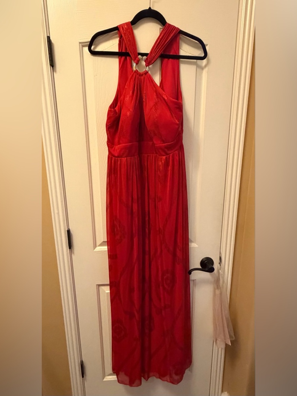 Betsy & Adam Red Halter Maxi Dress with Ring Neckline